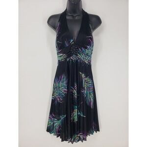 Vintage Y2K Halter Dress Sz M Black Feather Print Pleated Satin Party Whimsigoth